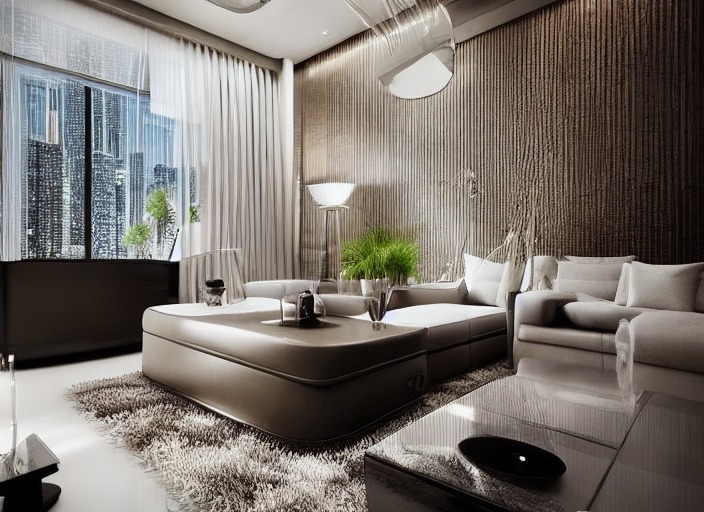 Nowoczesna sypialnia z widokiem na miasto, beżowe ściany z pionowymi paskami, białe zasłony, szary dywan z długim włosiem i modułowa sofa z niskim stolikiem kawowym.