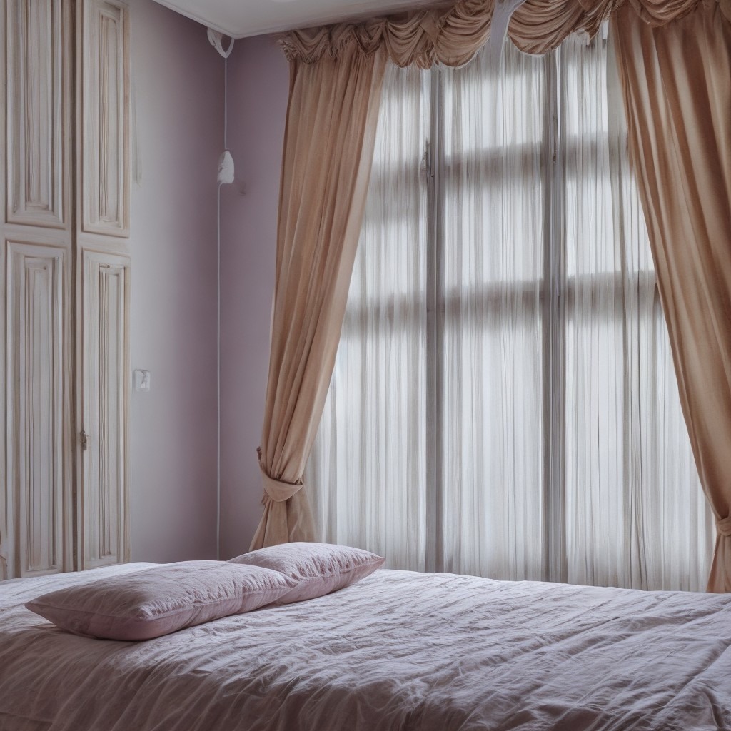 Jasna sypialnia z łóżkiem z dwoma poduszkami, kremowymi zasłonami i dużą szafą w tle.