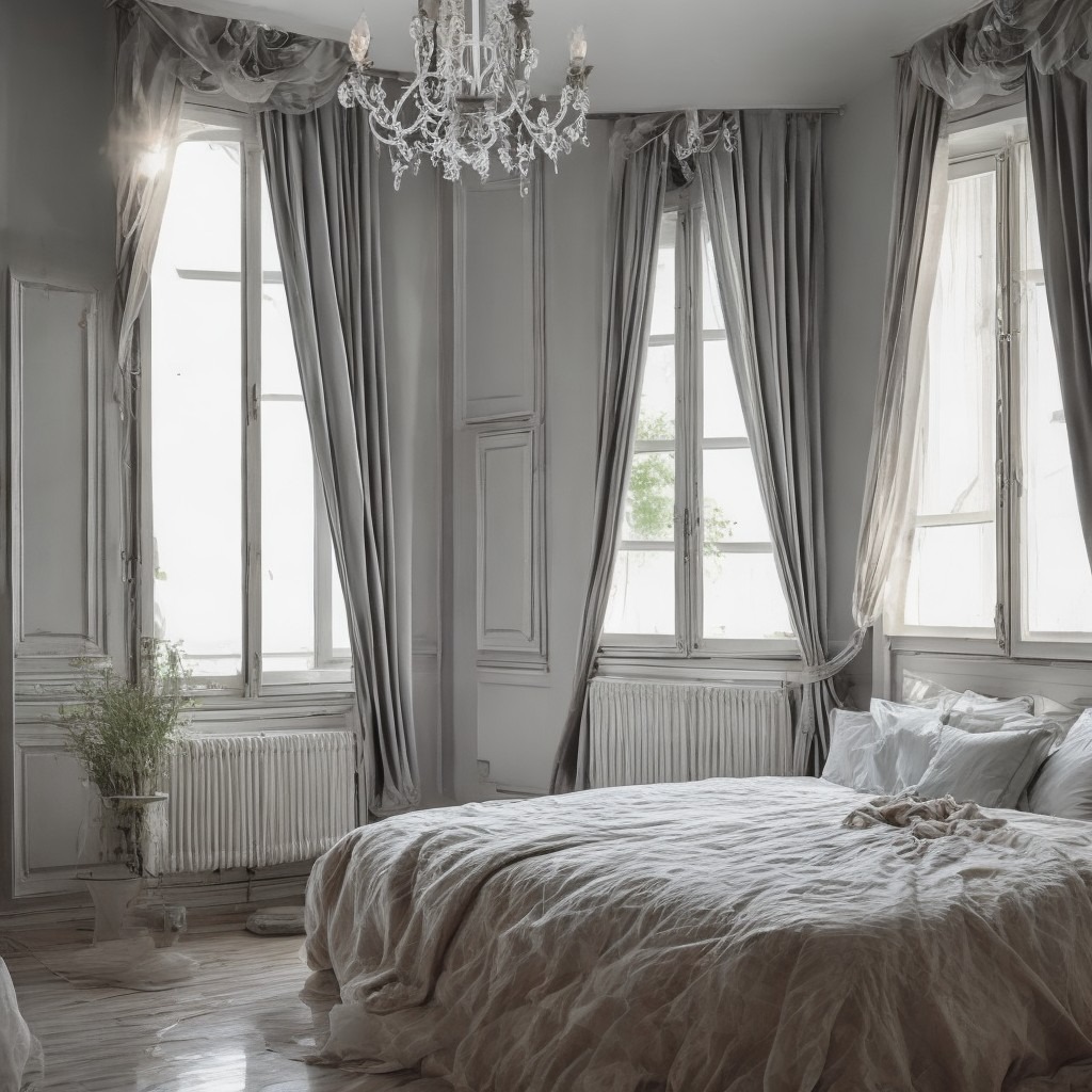 Elegancka sypialnia w odcieniach szarości z żyrandolem kryształowym, wysokimi oknami z drapowanymi zasłonami i łóżkiem z lnianą pościelą, oświetlona wpadającym przez okna światłem.