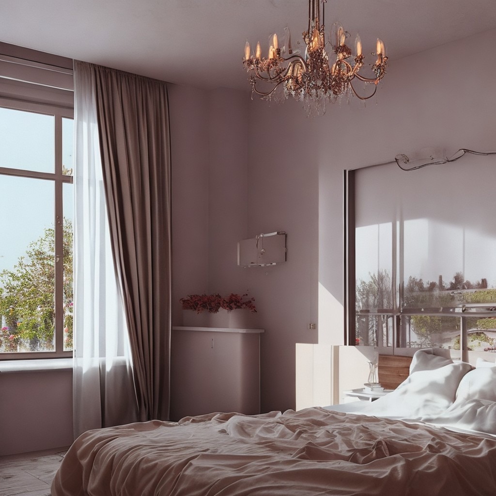 Jasna sypialnia z łóżkiem w beżowej pościeli, ozdobnym żyrandolem i dużym oknem z widokiem na zieleń, minimalistyczny wystrój wnętrza.