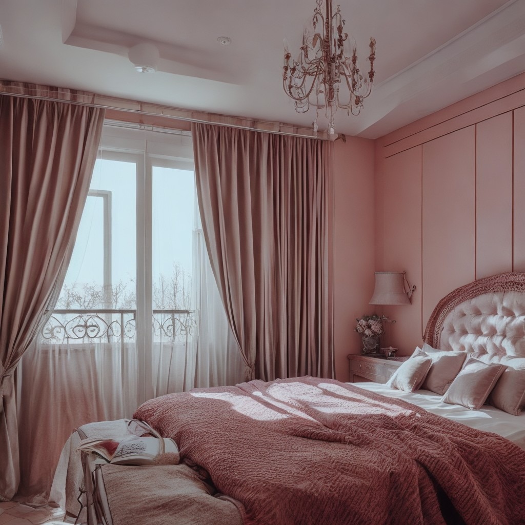 Jasna sypialnia w odcieniach pudrowego różu z łóżkiem z pikowanym zagłówkiem, kryształowym żyrandolem i oknem balkonowym z ozdobną balustradą.