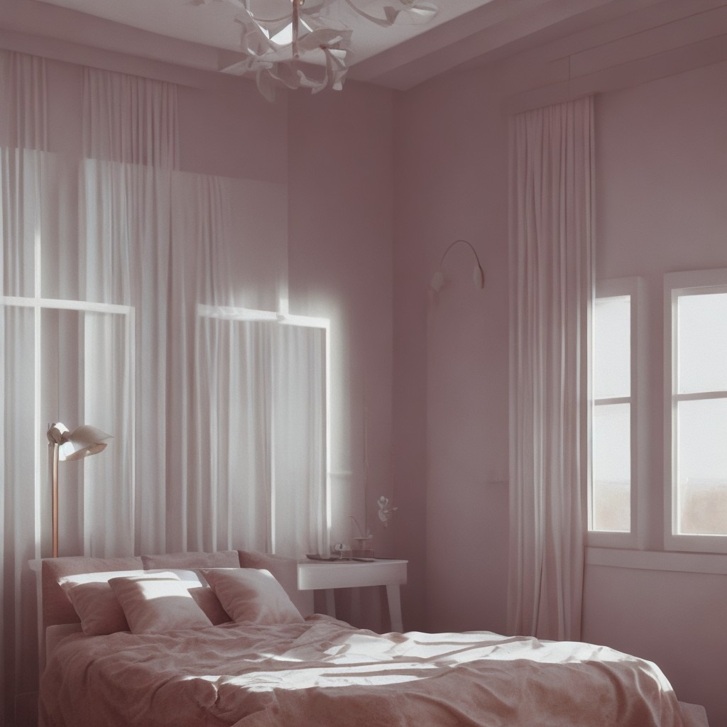 Jasna sypialnia w odcieniach różu z łóżkiem, lampą podłogową i białymi zasłonami w oknach, oświetlona naturalnym światłem.