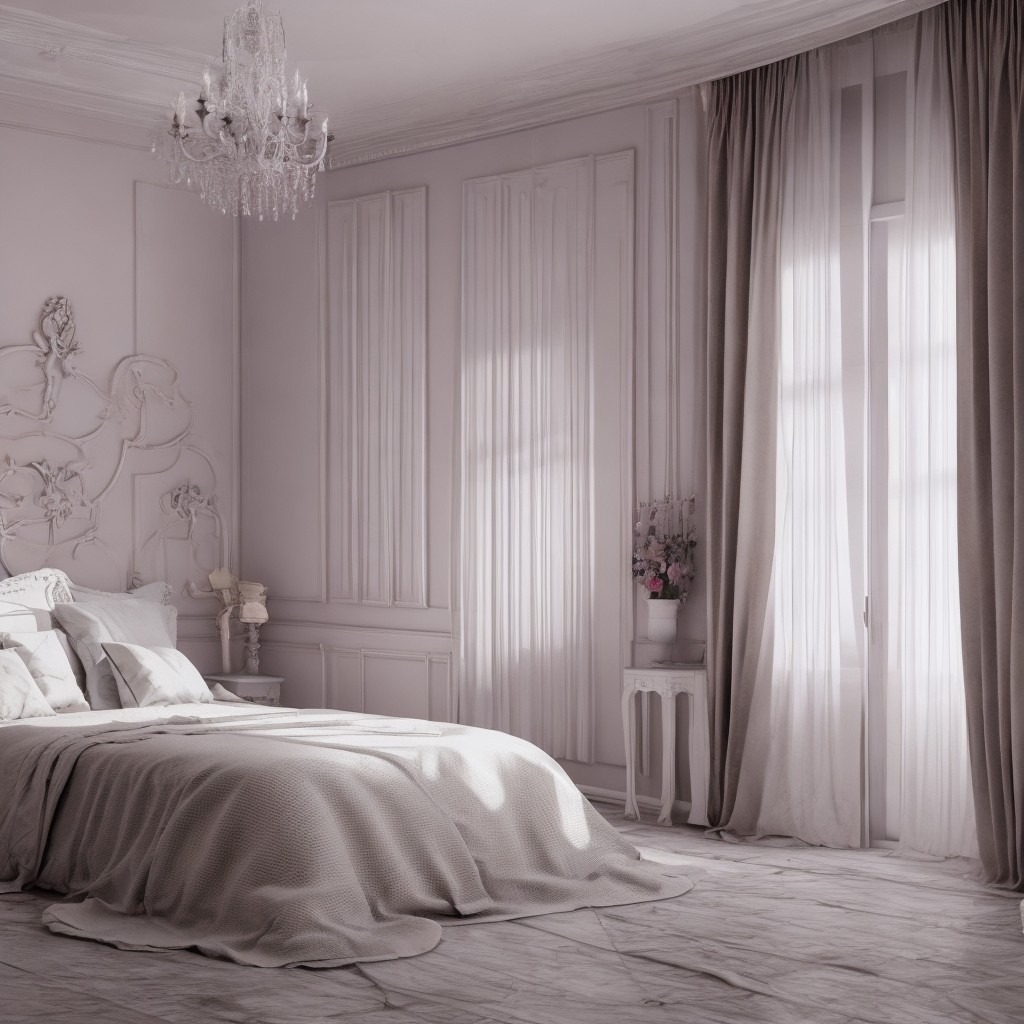 Elegancka sypialnia w odcieniach bieli i beżu z dekoracyjnym zagłówkiem, kryształowym żyrandolem i marmurową podłogą, oświetlona naturalnym światłem wpadającym przez okno z zasłonami.