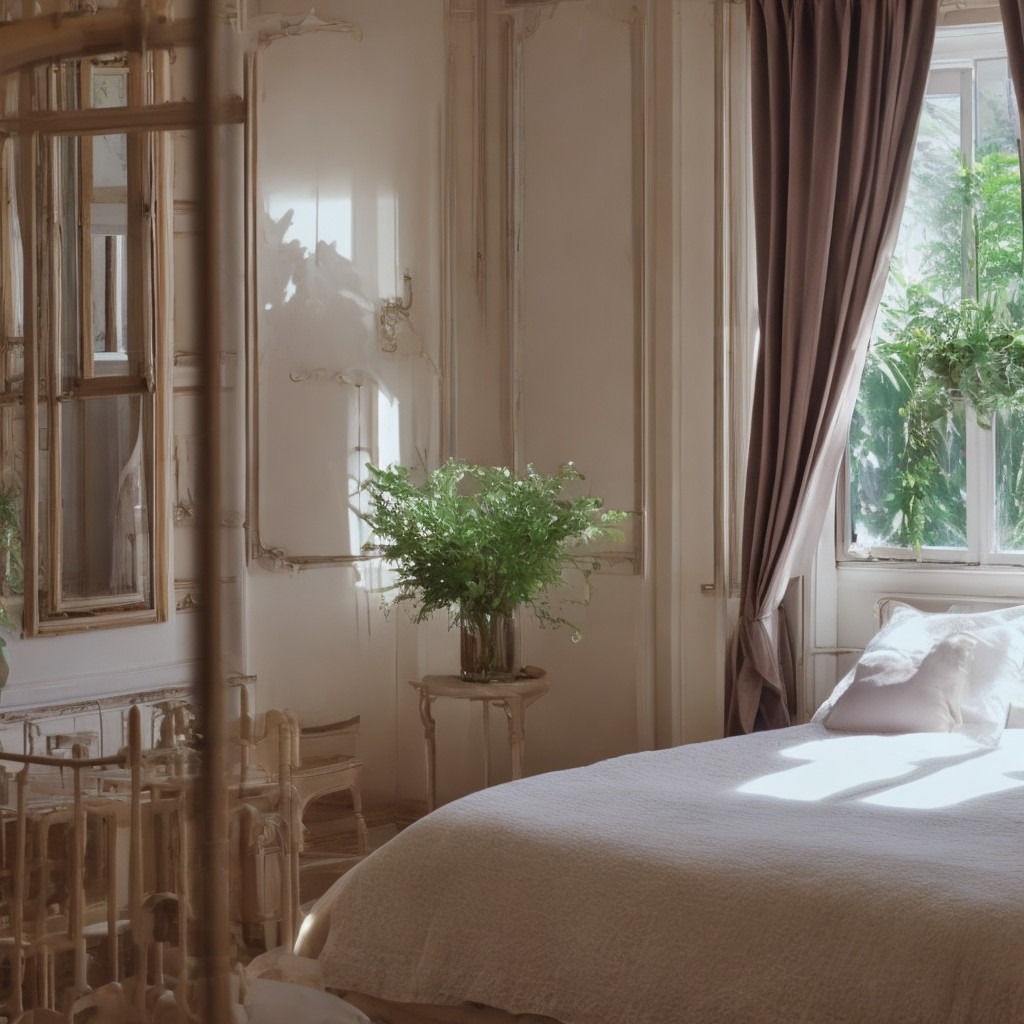 Jasna sypialnia w stylu vintage z łóżkiem z białym nakryciem, zasłonami w odcieniach brązu i dużą rośliną doniczkową w szklanym wazonie na stoliku nocnym.