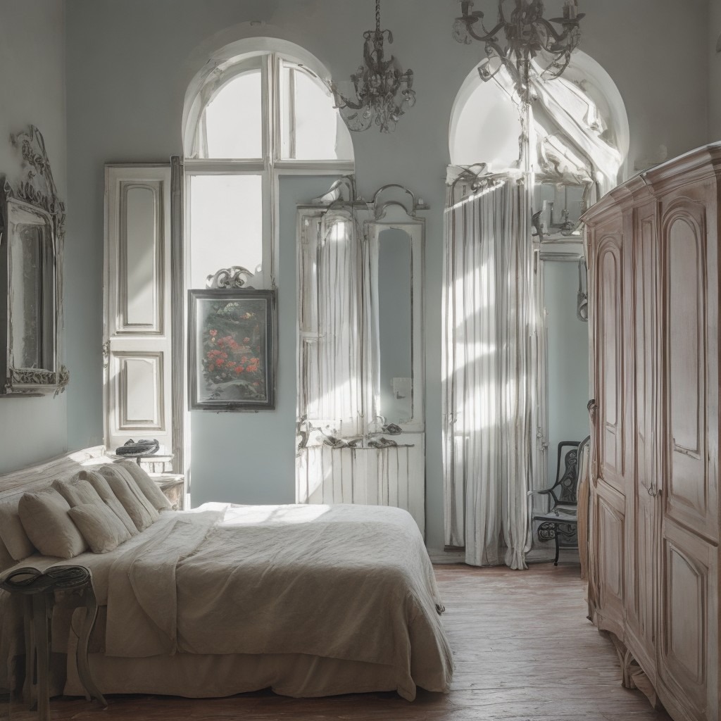 Jasne, przestronne wnętrze sypialni w stylu vintage z łóżkiem z kremową pościelą, drewnianą podłogą, wysokimi oknami łukowymi i antycznym kredensem z lustrami oraz żyrandolami.