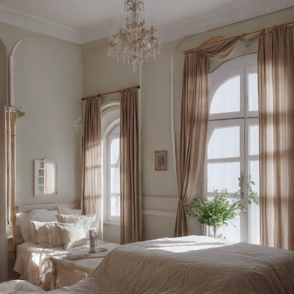 Jasna sypialnia w stylu klasycznym z dwoma łóżkami, dużymi oknami z beżowymi zasłonami, kryształowym żyrandolem i dekoracyjnym lustrem na ścianie.