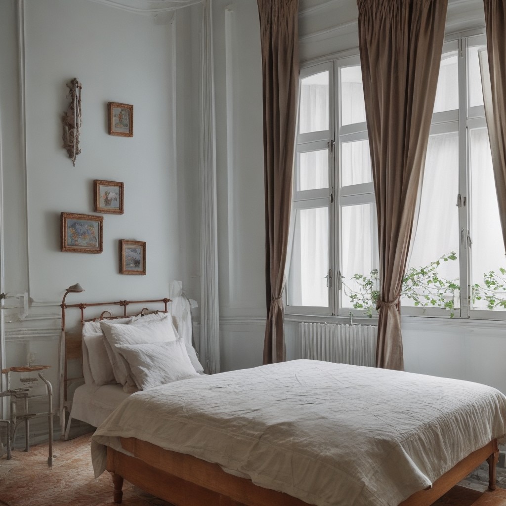 Jasna sypialnia w stylu vintage z łóżkiem z metalową ramą, lnianą pościelą, białymi ścianami z dekoracyjnymi listwami i galerią obrazków, oraz dużym oknem z brązowymi zasłonami i rośliną doniczkową.