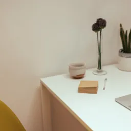 Minimalistyczne biurko z laptopem, notatkami, długopisem i roślinami w doniczkach, na pierwszym planie fragment ż&oacute;łtego krzesła.