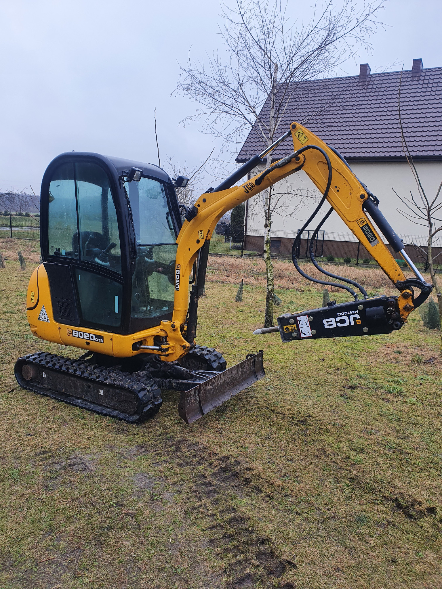 Żółta minikoparka JCB 8020 CTS z hydraulicznym młotem wyburzeniowym na trawiastym terenie, w tle dom z brązowym dachem i drzewa bez liści.