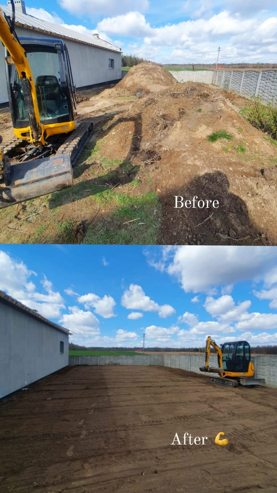 Dwa ujęcia terenu przed i po wyrównaniu ziemi. Na górnym zdjęciu żółta koparka obok pryzmy ziemi, na dolnym zdjęciu ten sam teren wyrównany, z widocznymi śladami opon koparki.