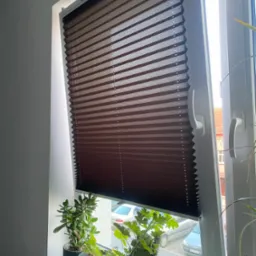 Ciemnobrązowa plisa okienna zamontowana w białym oknie, częściowo zasłonięta. Na parapecie doniczkowe rośliny. Widok na ulicę przez otwarte okno.