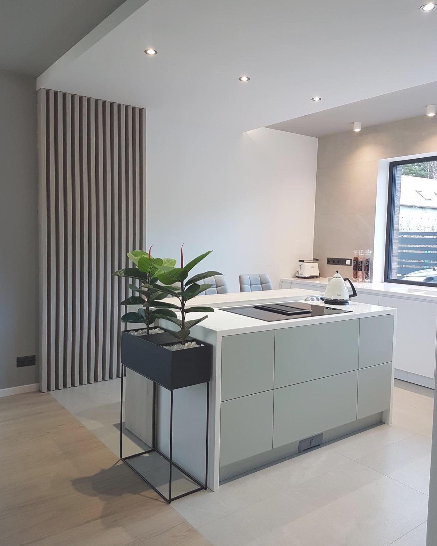 Nowoczesna kuchnia z wyspą w odcieniach szarości i bieli, z minimalistyczną dekoracją ścienną z pionowych listew i rośliną doniczkową na metalowym stojaku.