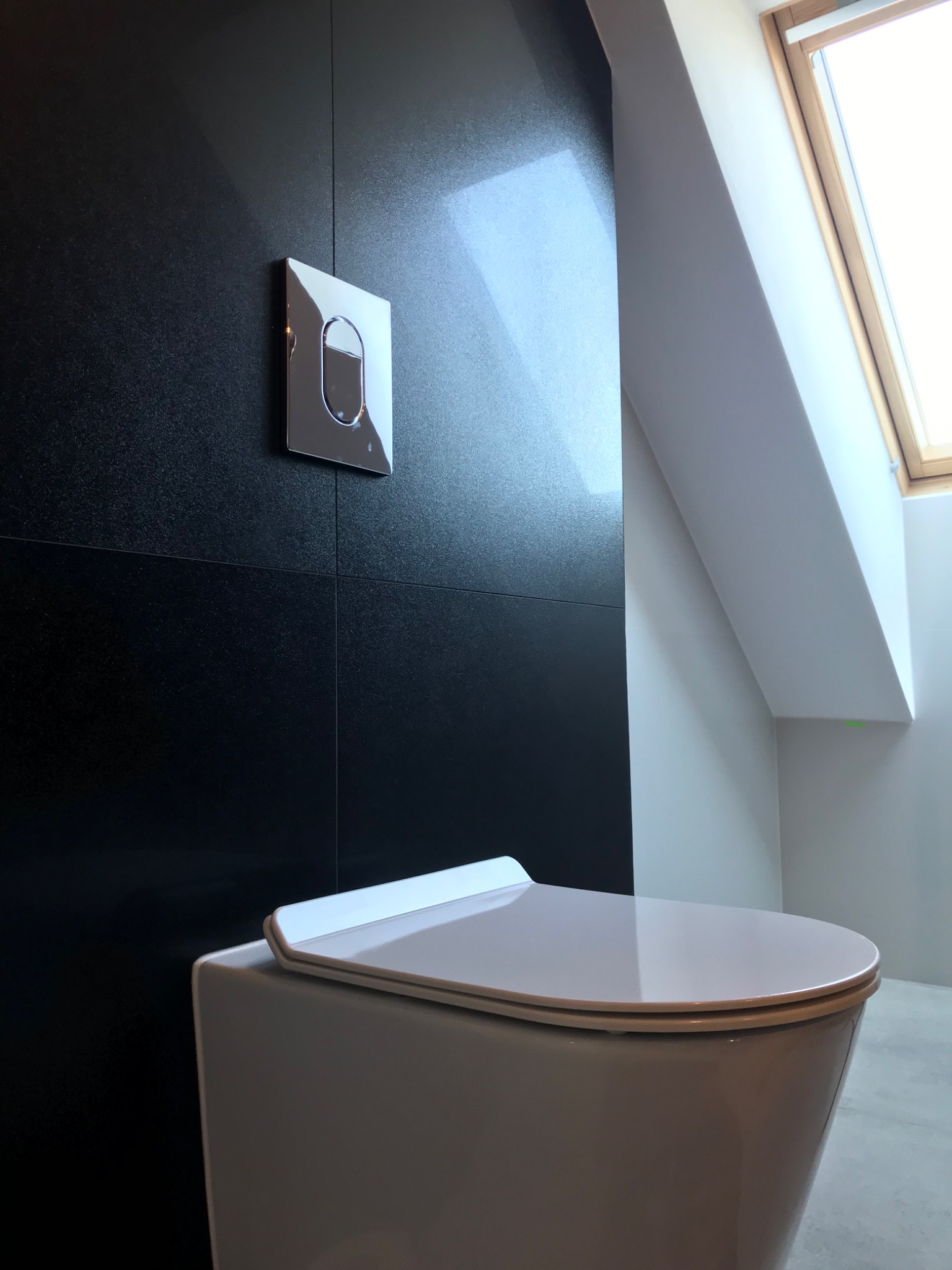 Wisząca toaleta z czarną ścianą z płytek i chromowanym przyciskiem spłukującym, oświetlona przez okno dachowe.
