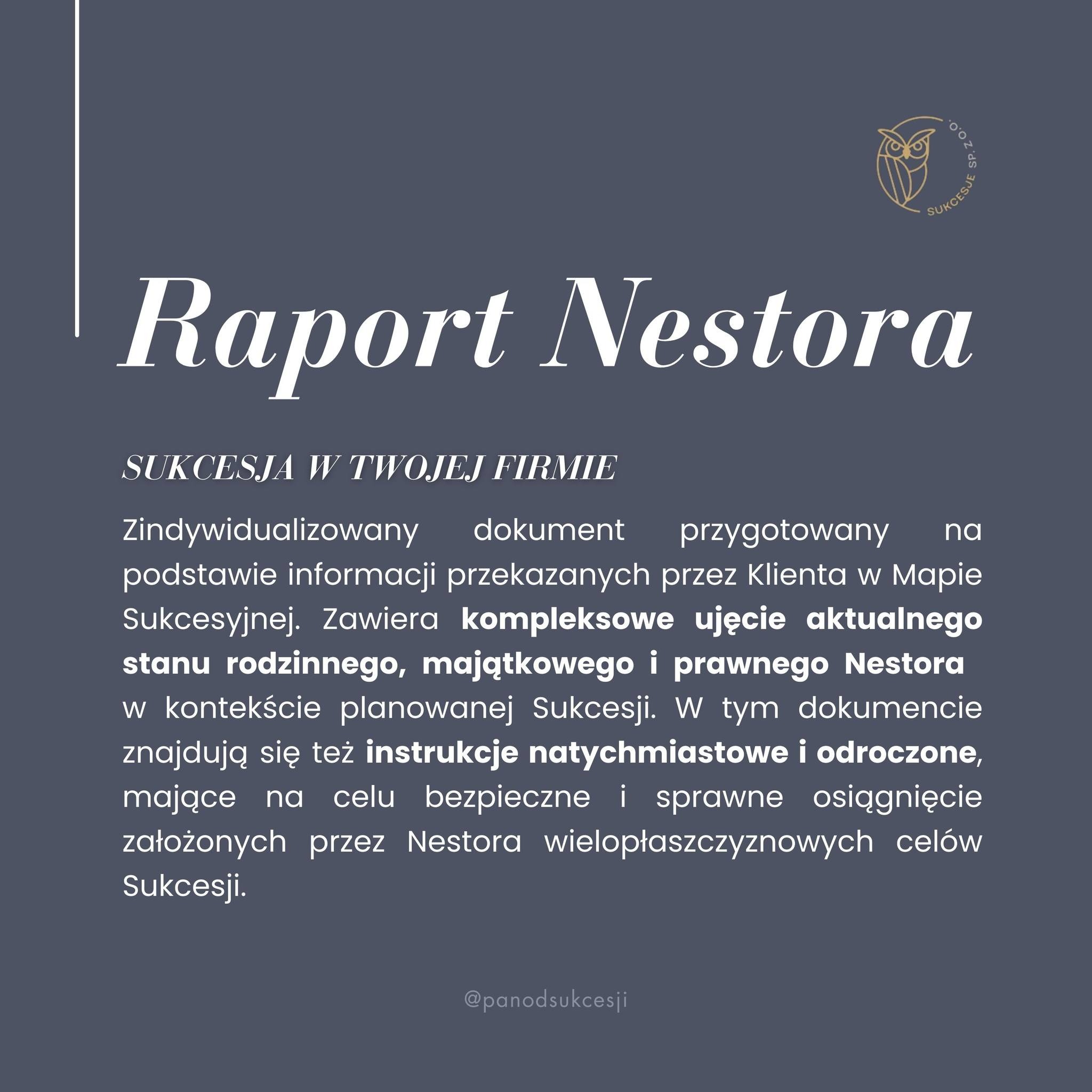 Okładka raportu 'Raport Nestora' dotyczącego sukcesji w firmie, z logo firmy Sukcesje Sp. z o.o. w prawym górnym rogu.