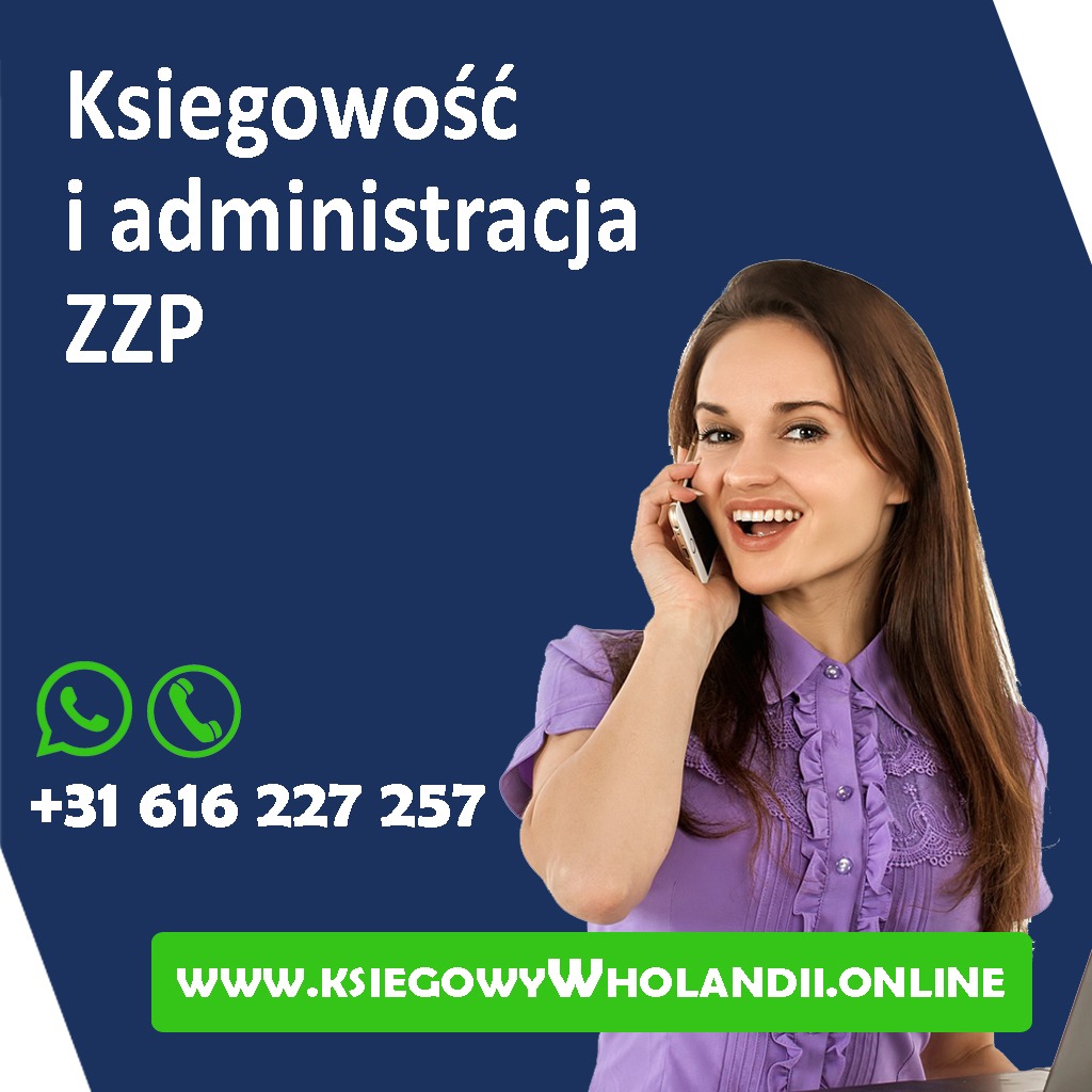 Uśmiechnięta kobieta w fioletowej bluzce rozmawia przez telefon, obok napis 'Księgowość i administracja ZZZ', ikony WhatsApp i telefon oraz adres strony internetowej.