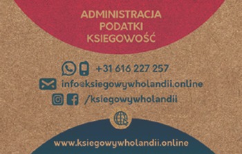 Wizytówka firmy księgowej z Holandii z hasłem 'Administracja Podatki Księgowość', danymi kontaktowymi (numer telefonu, adres e-mail, profile w mediach społecznościowych) i adresem strony...