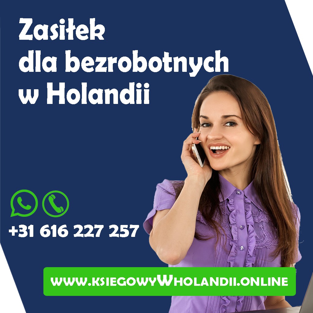 Uśmiechnięta kobieta rozmawia przez telefon, na tle tekstu o zasiłku dla bezrobotnych w Holandii, numer telefonu i adres strony internetowej.