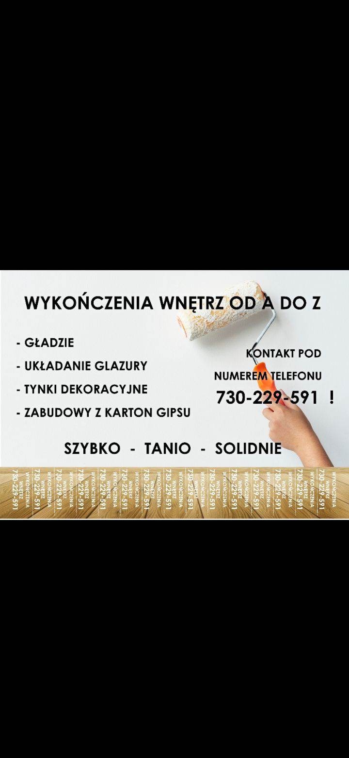 Reklama firmy oferującej kompleksowe usługi wykończeniowe, w tym gładzie, układanie glazury, tynki dekoracyjne i zabudowy z płyt gipsowo-kartonowych. Na zdjęciu wałek malarski z resztkami farby...