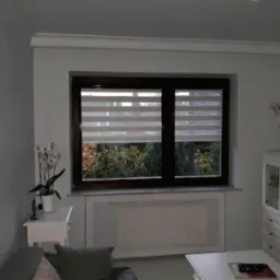 Dwuskrzydłowe okno z brązową ramą i roletami dzień-noc w jasnym pokoju z dekoracyjną sztukaterią sufitową, widok na zieleń za oknem.