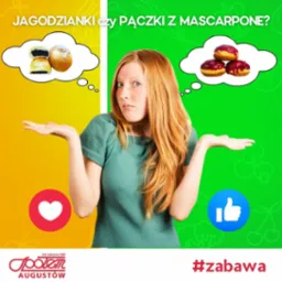 Grafika reklamowa z rudowłosą kobietą, która z uniesionymi dłońmi, na tle podzielonym na żółtą i zieloną część, prezentuje dylemat wyboru między jagodziankami a pączkami z mascarpone, zobrazowanymi...
