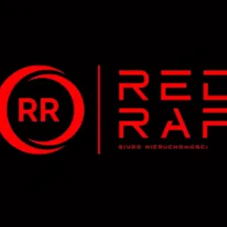 Czerwone logo biura nieruchomości RED RAF z Łodzi na czarnym tle. Logo składa się z okręgu z wpisanymi literami RR oraz napisu RED RAF BIURO NIERUCHOMOŚCI oddzielonych pionową linią.