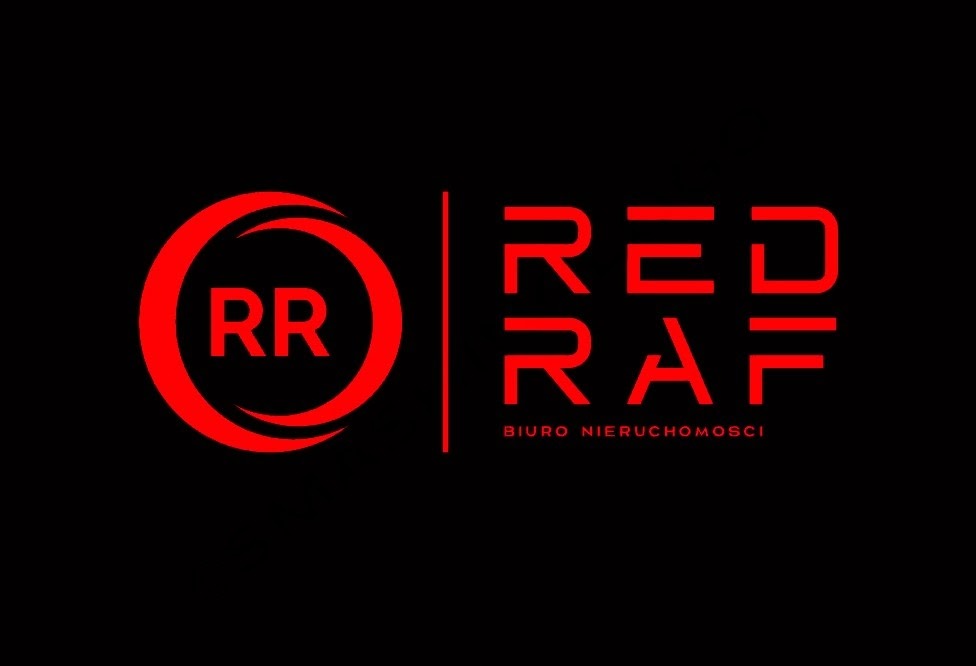 Czerwone logo biura nieruchomości RED RAF z Łodzi na czarnym tle. Logo składa się z okręgu z wpisanymi literami RR oraz napisu RED RAF BIURO NIERUCHOMOŚCI oddzielonych pionową linią.