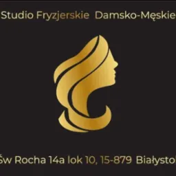 Złote logo salonu damsko-męskiego w formie profilu kobiety z upiętymi włosami na czarnym tle, adres w Białymstoku.