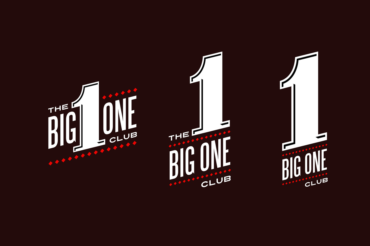 Trzy warianty logo 'The Big One Club' na ciemnobrązowym tle, z numerem 1 w różnych stylach i rozmieszczeniem elementów graficznych.