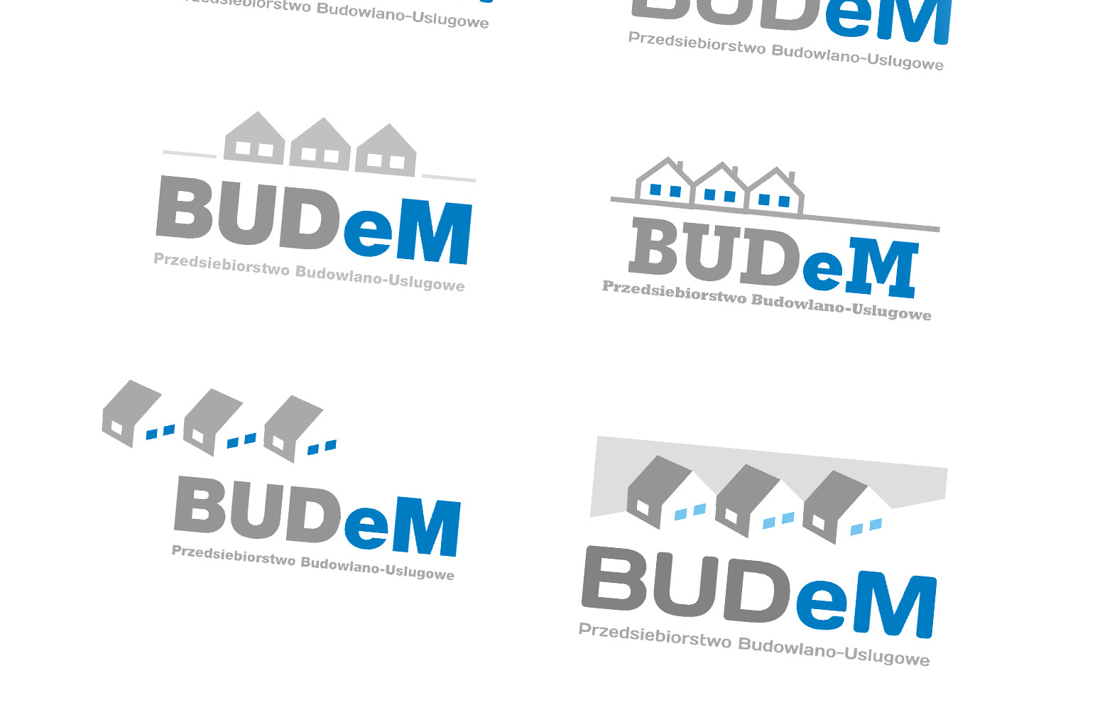 Kompilacja czterech wariantów logo firmy budowlanej z Koszalina, przedstawiających stylizowane domy i nazwę 'BUDEm' w szaro-niebieskiej kolorystyce.