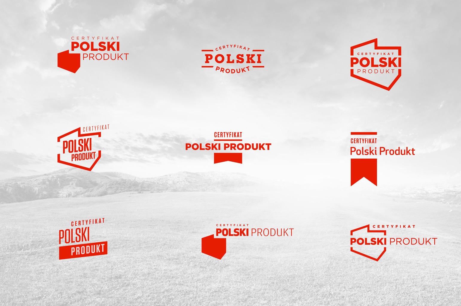 Zestaw dziewięciu wariantów czerwonego logo 'Certyfikat Polski Produkt' na rozmytym tle krajobrazu.
