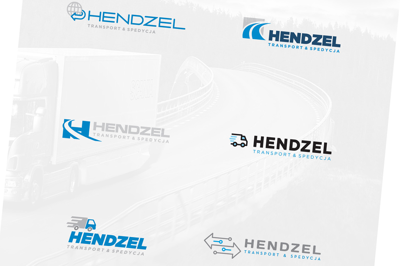 Kompilacja różnych wersji logo firmy transportowej i spedycyjnej, z wykorzystaniem motywów ciężarówek, strzałek i stylizowanych liter. Logo w kolorach niebieskim, czarnym i szarym na jasnym tle.