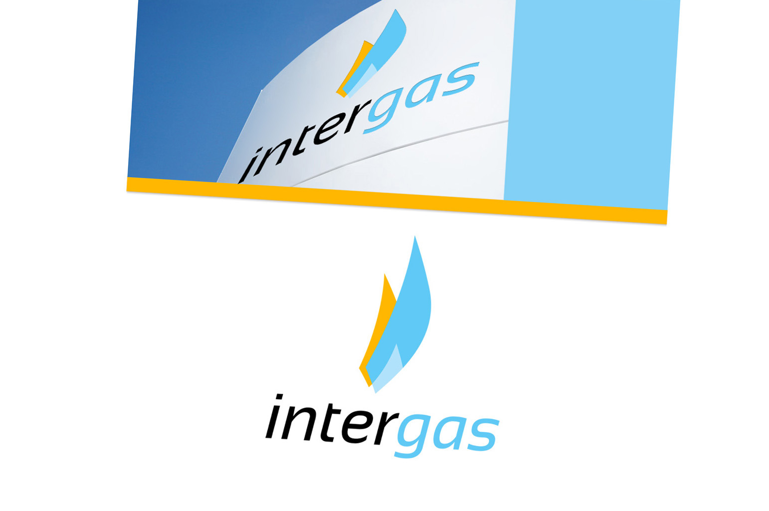 Dwa warianty logo firmy Intergas: jeden umieszczony na białym budynku z błękitnym niebem w tle, drugi jako samodzielny znak graficzny na białym tle.