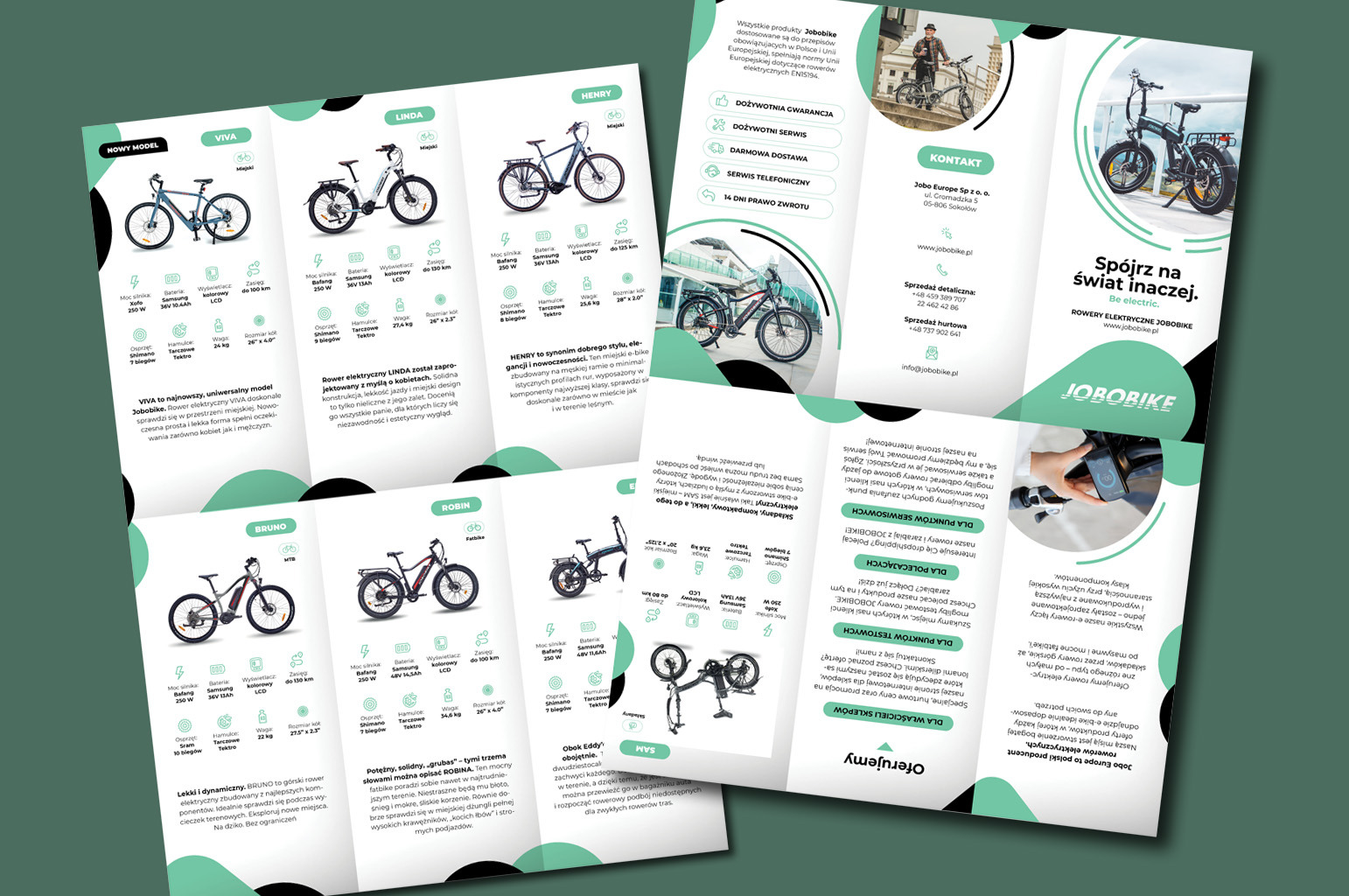 Ulotka reklamowa z prezentacją modeli rowerów elektrycznych Jobobike: Viva, Linda, Henry, Bruno, Robin, Sam. Zawiera specyfikacje techniczne, zdjęcia rowerów i informacje kontaktowe.
