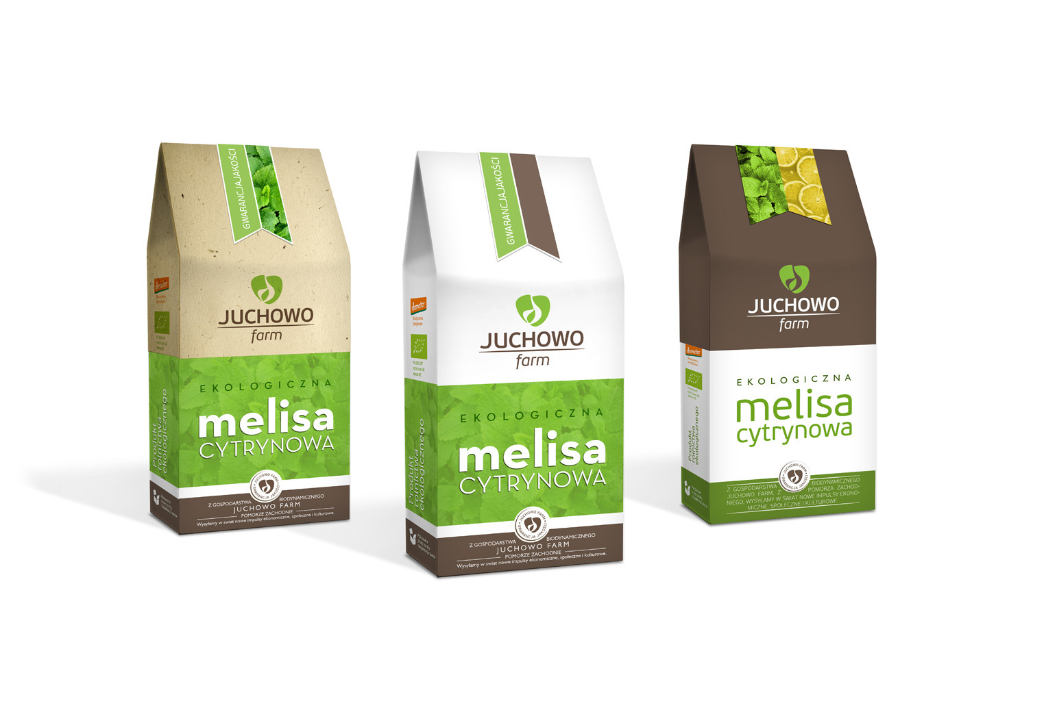 Trzy opakowania ekologicznej melisy cytrynowej marki Juchowo Farm, każde w innym kolorze: brązowym, białym i beżowym, prezentowane na białym tle.