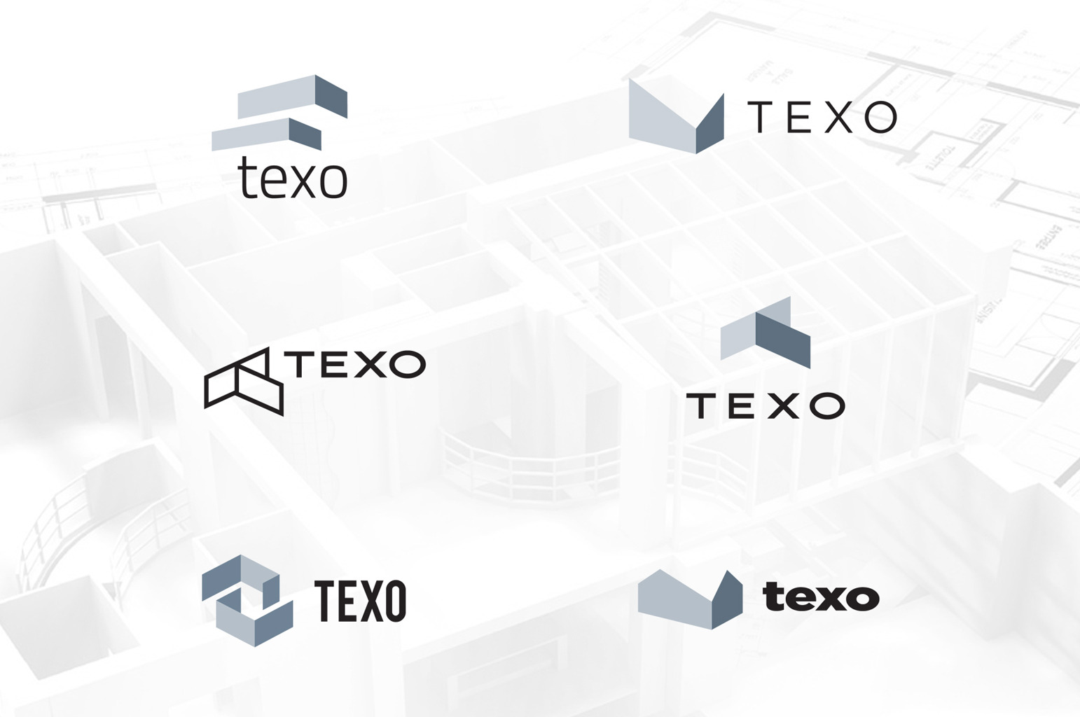Kompilacja sześciu wariantów logo 'TEXO' w odcieniach szarości, umieszczonych na tle architektonicznego planu pomieszczeń w perspektywie.