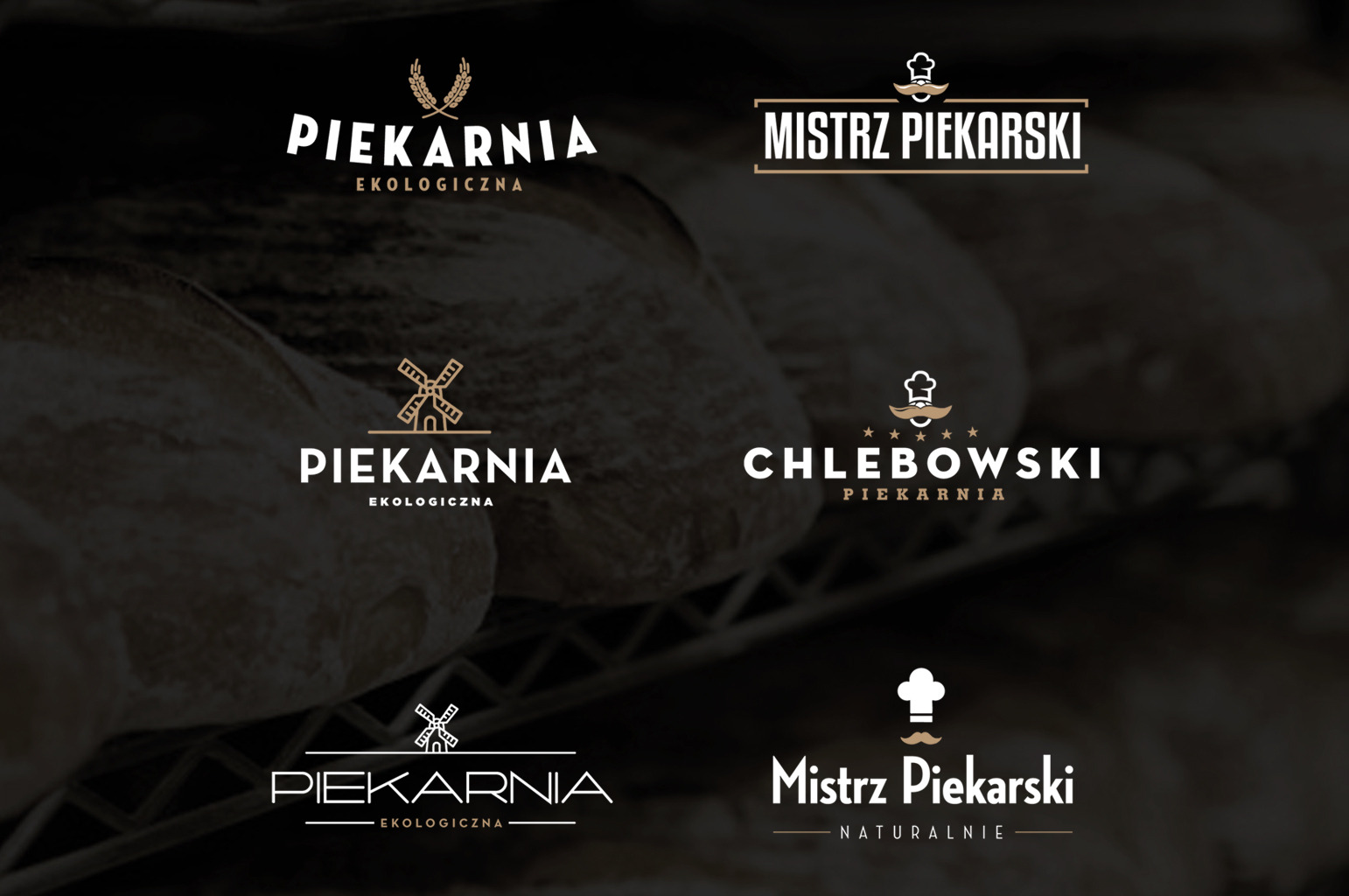 Kolekcja logo piekarni w odcieniach brązu i bieli, z różnymi motywami graficznymi jak kłosy zboża, wiatrak i czapka kucharska z wąsami, umieszczonych na tle pieczywa.