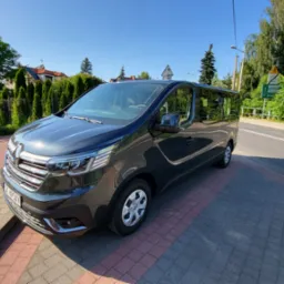 Ciemnoszary van Renault Trafic zaparkowany na chodniku z kostki, widok z przodu i boku, w tle ulica i zieleń.