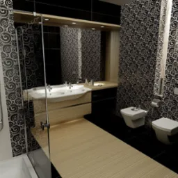 Elegancka łazienka w czarno-białej kolorystyce z wzorzystymi płytkami, umywalką z dwiema bateriami, bidetem i toaletą.