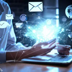 Dłonie trzymające smartfon i filiżankę kawy nad laptopem, otoczone graficznymi ikonami poczty, chatu i globu, połączonymi siecią, symbolizującymi komunikację online i technologię.