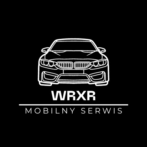 Grafika wektorowa białego samochodu na czarnym tle z napisem WRXR Mobilny Serwis, logo firmy z Rzeszowa.