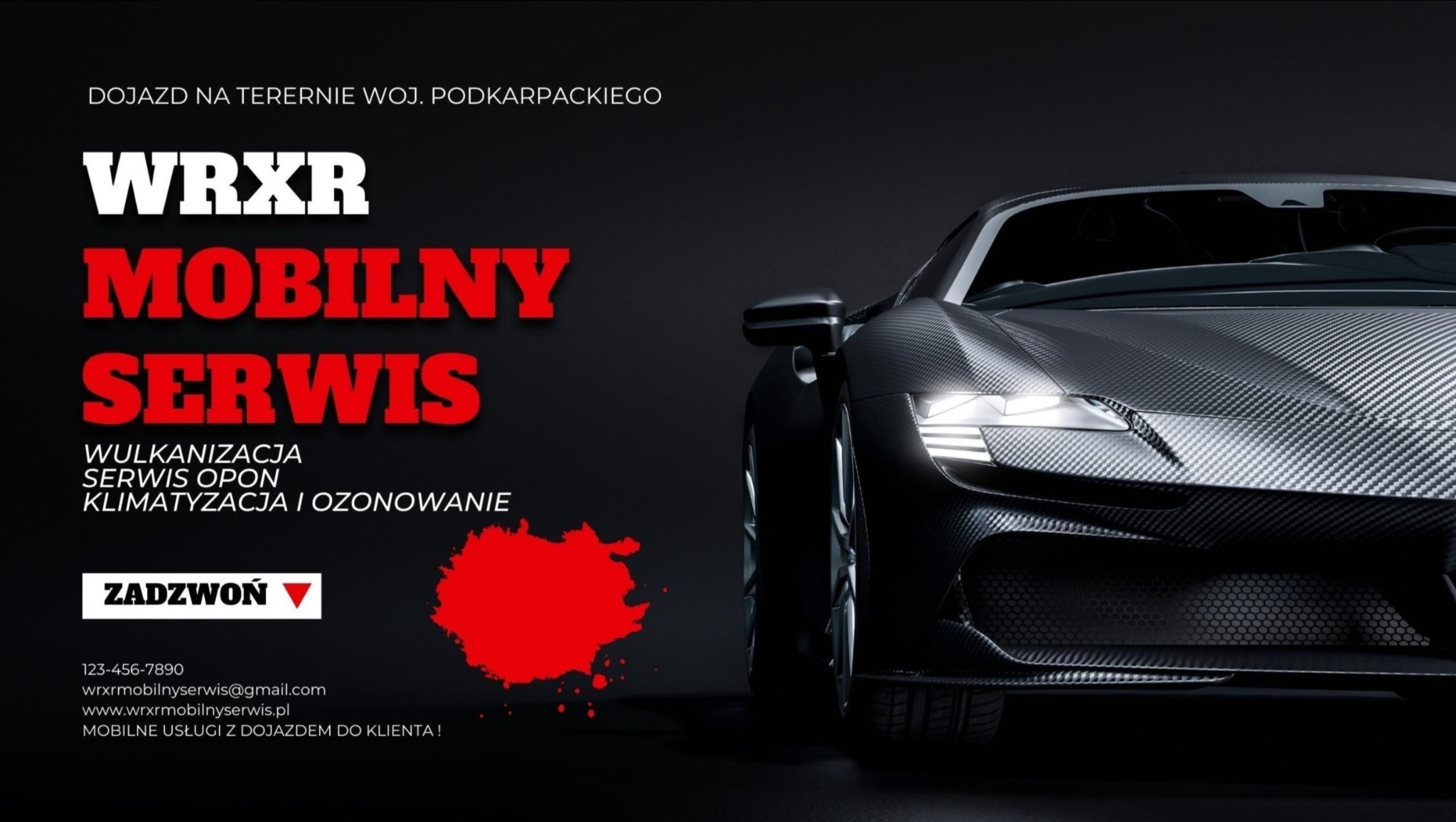 Reklama mobilnego serwisu samochodowego WRXR z dojazdem na terenie województwa podkarpackiego, oferującego wulkanizację, serwis opon,  i ozonowanie, z przodu widoczny fragment nowoczesnego...