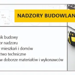 Grafika reklamowa z napisem 'Nadzory Budowlane', zawierająca plan architektoniczny, laptop, okulary, miarkę zwijaną, poziomnicę i listę usług: kierownik budowy, inspektor nadzoru, odbiory mieszkań...