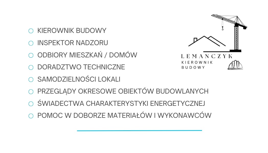 Grafika z listą usług budowlanych, logo firmy z dźwigiem i zarysem domu. Oferta obejmuje kierownika budowy, odbiory mieszkań i doradztwo techniczne.