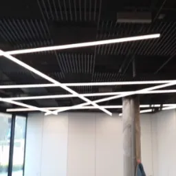 Nowoczesne oświetlenie biurowe: krzyżujące się, podłużne lampy LED na tle czarnego, ażurowego sufitu w jasnym pomieszczeniu z oknami.