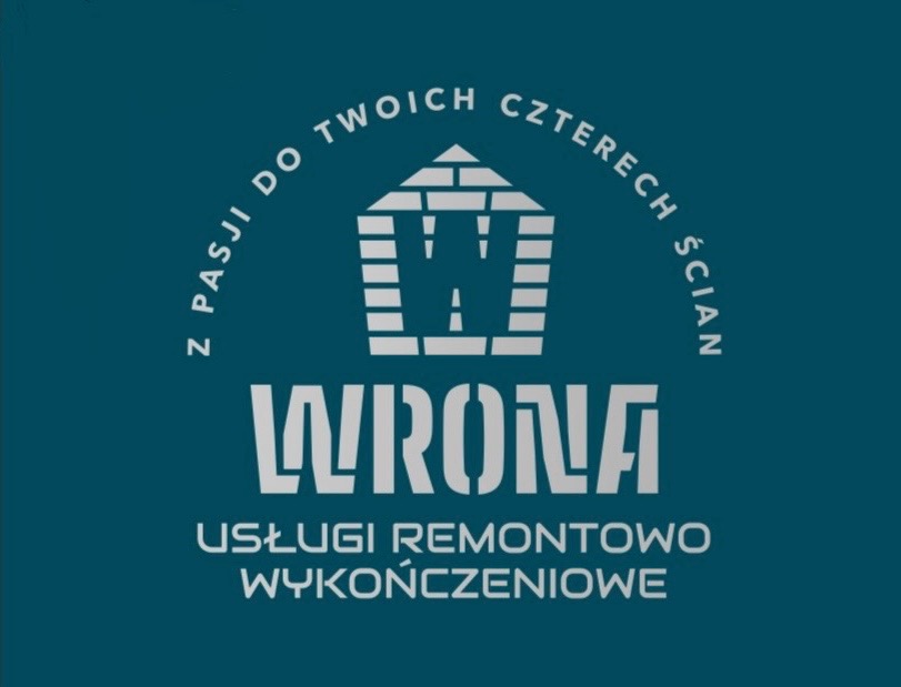Logo firmy remontowo-wykończeniowej 'WRONA' na ciemnoturkusowym tle. Zawiera motyw domu z literą 'W' i napis 'Z pasji do Twoich czterech ścian'.