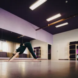 Kobieta w pozie psa z głową w dół na różowej macie w przestronnym studiu jogi z lustrem i półkami z ręcznikami.