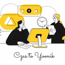 Ilustracja przedstawia dwie osoby pracujące przy komputerze, z ikonami mediów społecznościowych, zegarem i dokumentami w minimalistycznym stylu.