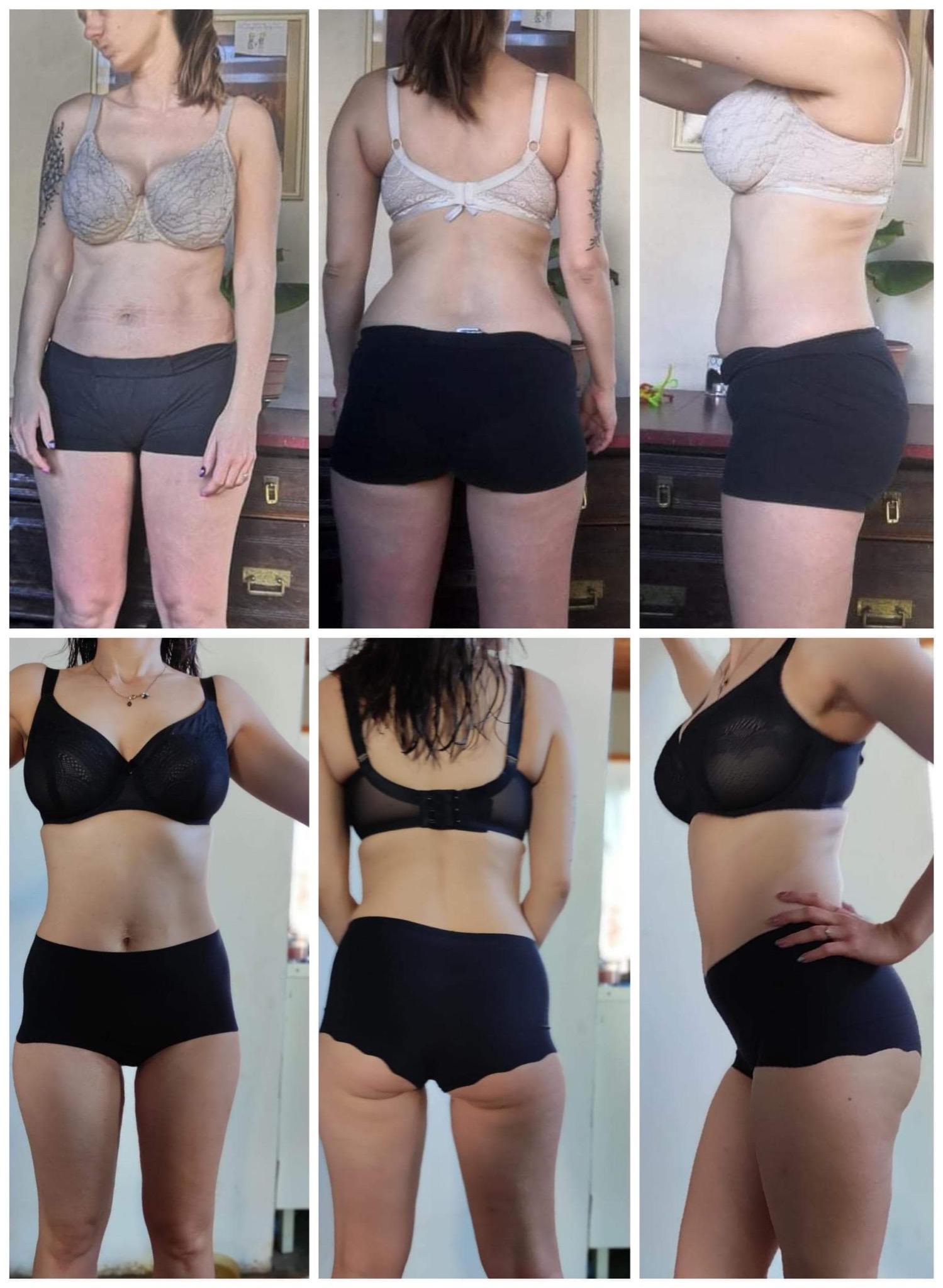 Kolaż przedstawiający metamorfozę sylwetki kobiety: trzy ujęcia (przód, tył, bok) w bieliźnie przed i po 2-miesięcznej przemianie, ukazujące zmiany w budowie ciała.