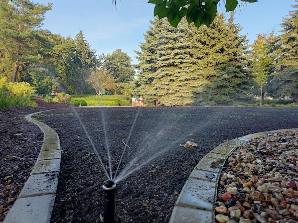 Woda z systemu nawadniającego pomoże na nowym trawniku trawie szybko skiełkować.