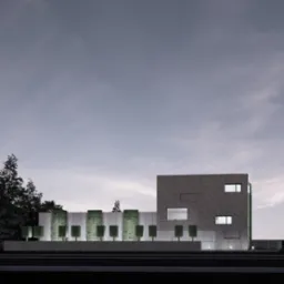 Wizualizacja budynku biurowego z elementami zieleni wertykalnej, oświetlonego po zmroku, z geometrycznymi nasadzeniami drzew.